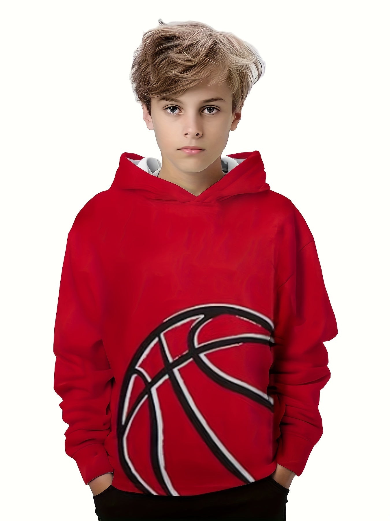 Basketball Print Boys Hooded Sweatshirt Long Sleeve Pullover Top