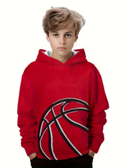 Basketball Print Boys Hooded Sweatshirt Long Sleeve Pullover Top