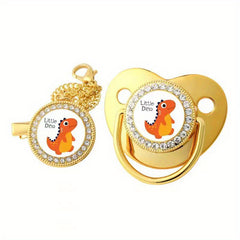 Dinosaur Bling Golden Baby Pacifier with Chain Clip