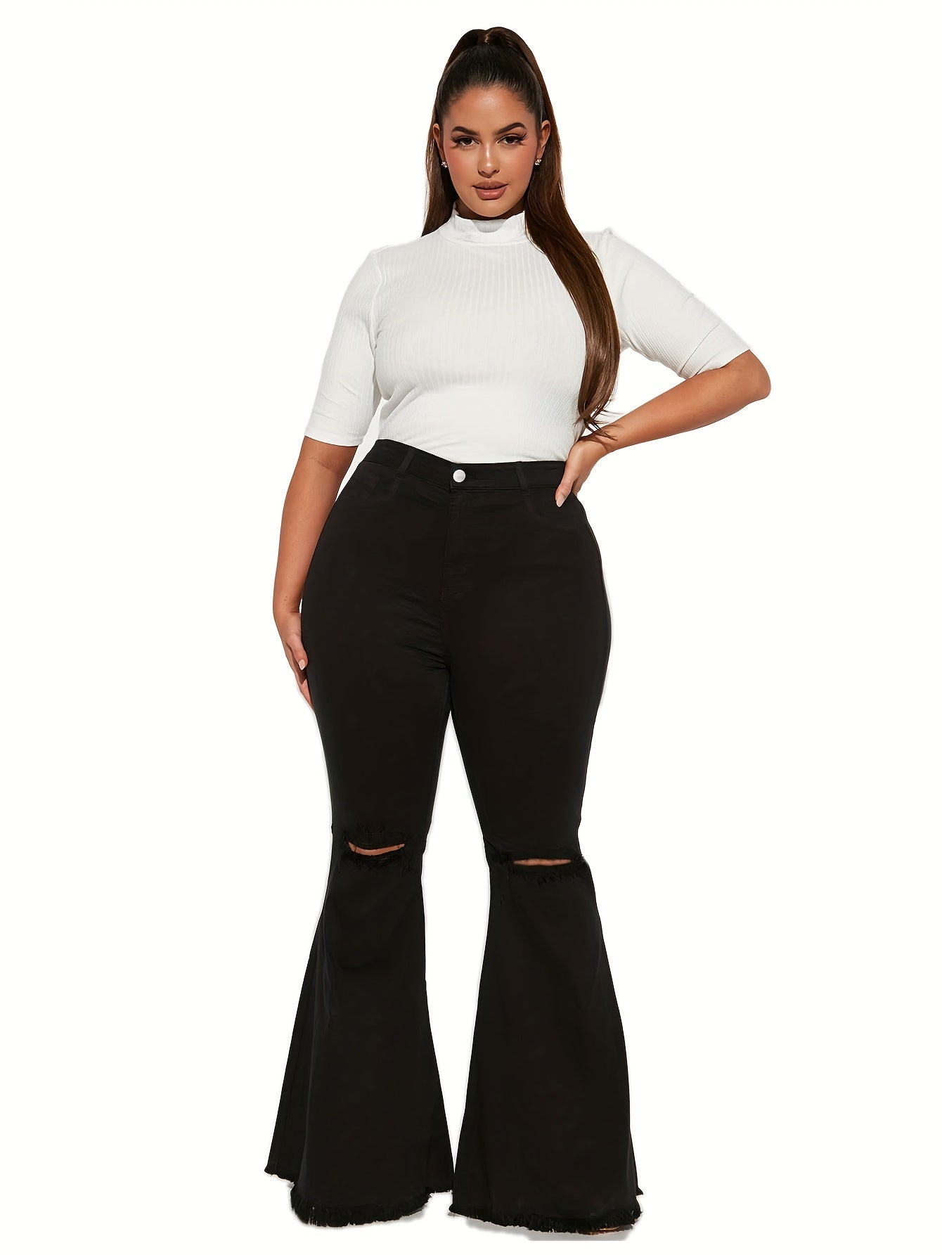 Women's Plus Solid Ripped High Rise Flared Leg Jeans