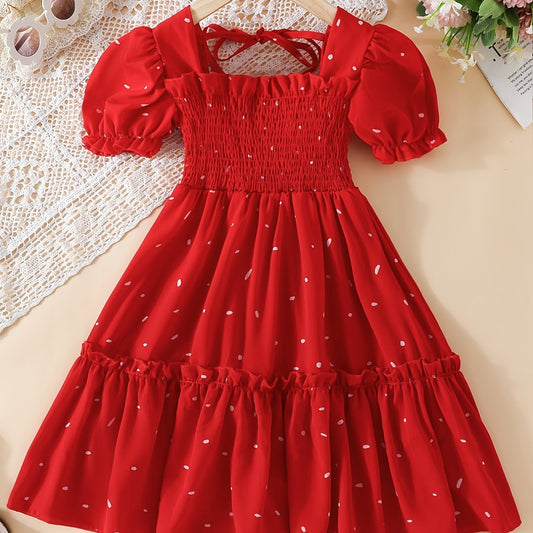 Girls Sweet Dots Allover Smocked Princess Party Dresses