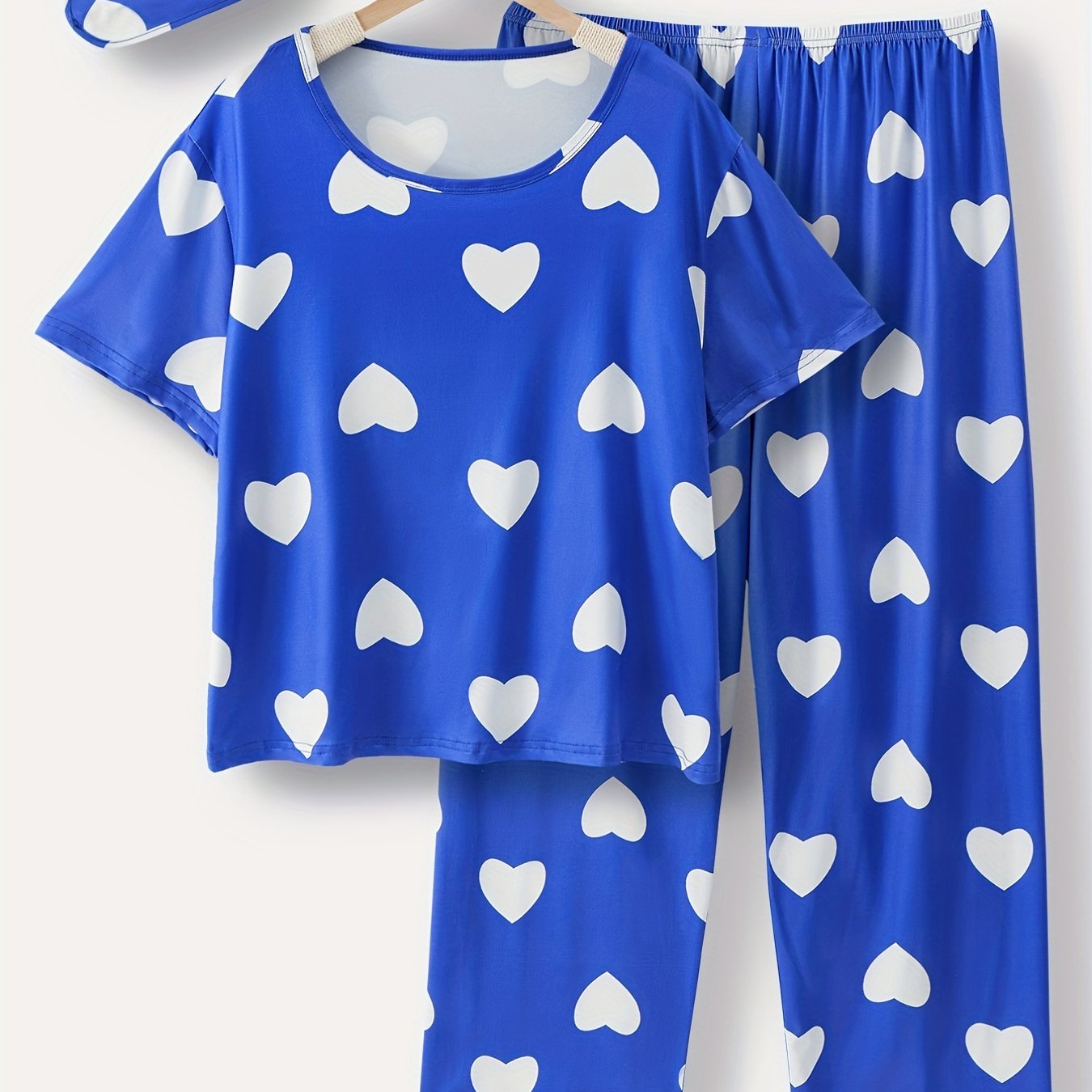 Satin Heart Print Pajama Set With Eye Mask