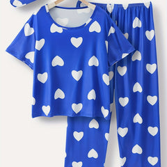 Satin Heart Print Pajama Set With Eye Mask