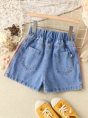 Girls Denim Shorts Rainbow Side Stripe Casual Pants Kids