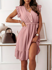 Solid Loose Belt Dress Ruffle Sleeve V neck Casual Buttons Dresses