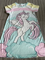 Girl's Rainbow & Flying Pony Dress Short Sleeve Crew Neck Princess Dress