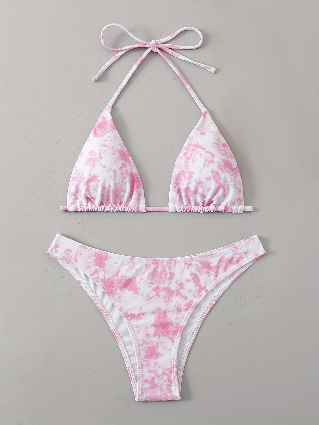 Tie Dye Triangle Bikini Set Halter V Neck Backless High Cut Two Piece Swimsuit