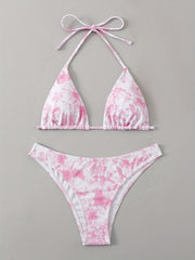 Tie Dye Triangle Bikini Set Halter V Neck Backless High Cut Two Piece Swimsuit