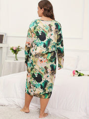 Lounge Dress Women's Plus Lotus Print Long Sleeve Tee Sleep Dress
