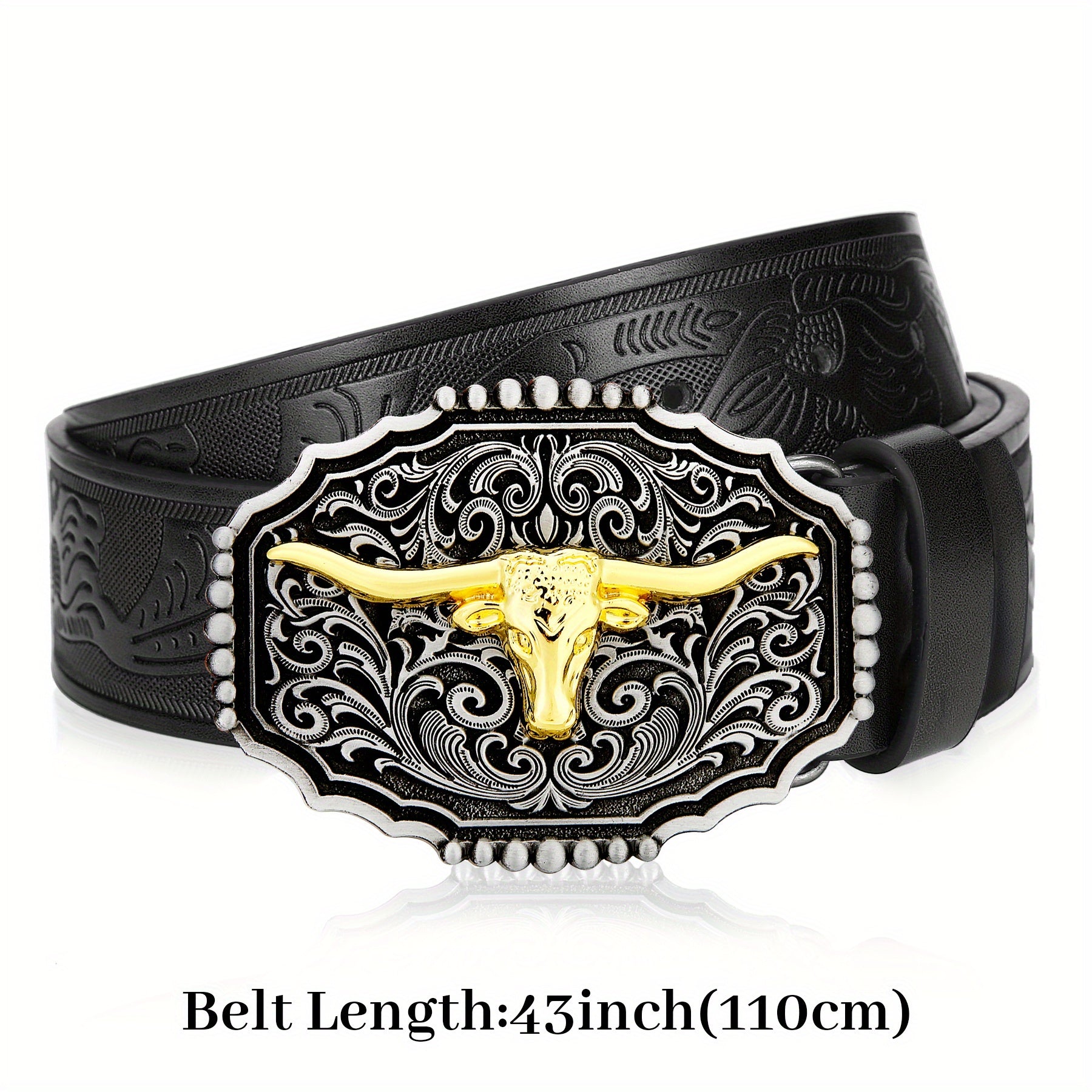 Men's Western Cowboy Leather Belt Long Horn Bull Buckle Embossed Floral