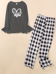 Heart Rugby & Letter Print Long Sleeve Tee & Plaid Pants Pajama Set