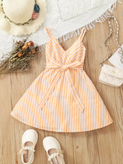 Girls Striped V-Neck Dress With Belt