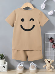 2pcs Boys Funny Face T-shirt & Shorts Set for Summer