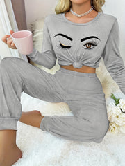 Eyelash Print Lounge Set Long Sleeve Crew Neck Top & Elastic Waistband Pants