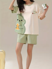 Cartoon Print Pajama Set Short Sleeve Top & Shorts