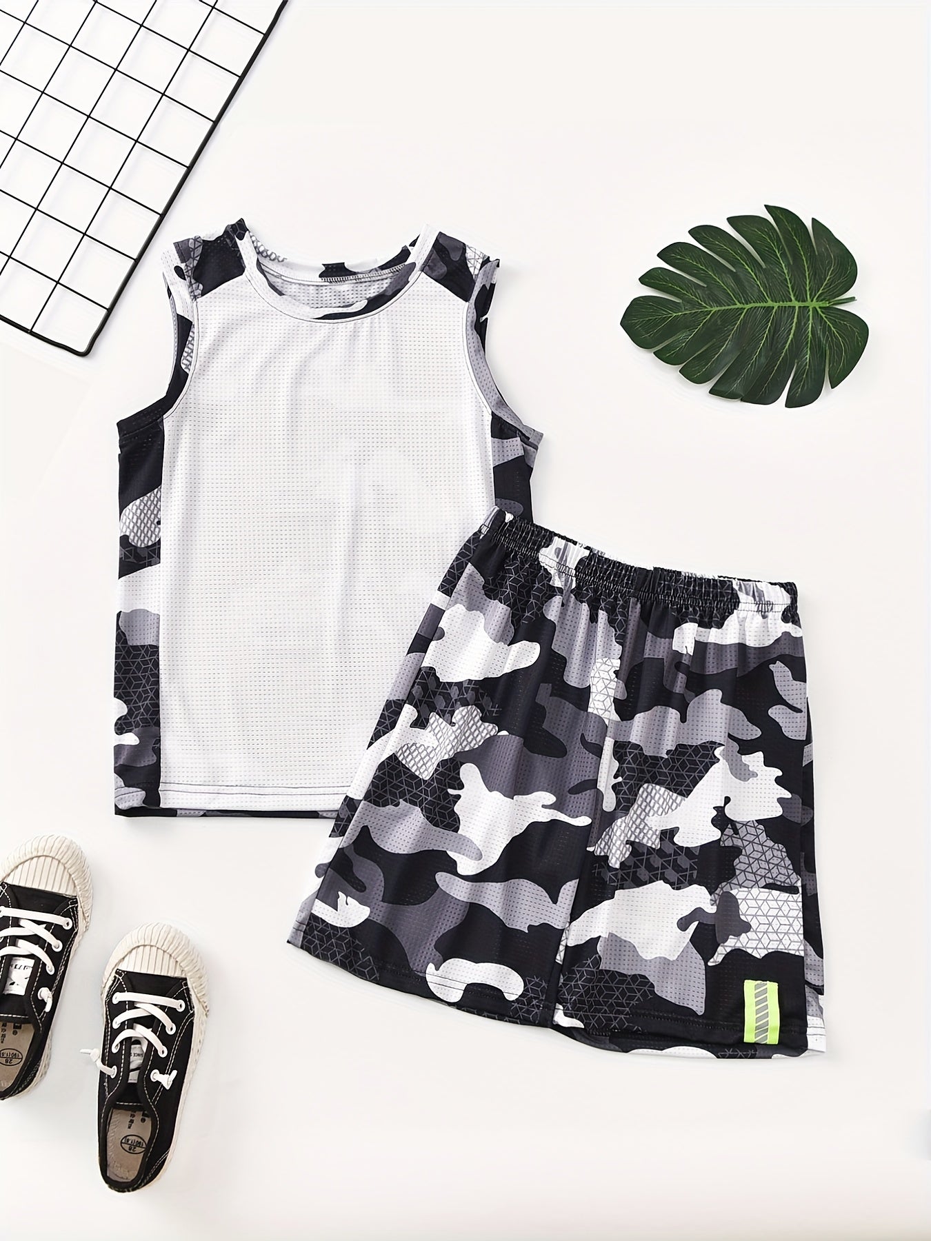 Boys Summer Mesh Outfit Camo Shorts & Vest Kids 2pcs Suit