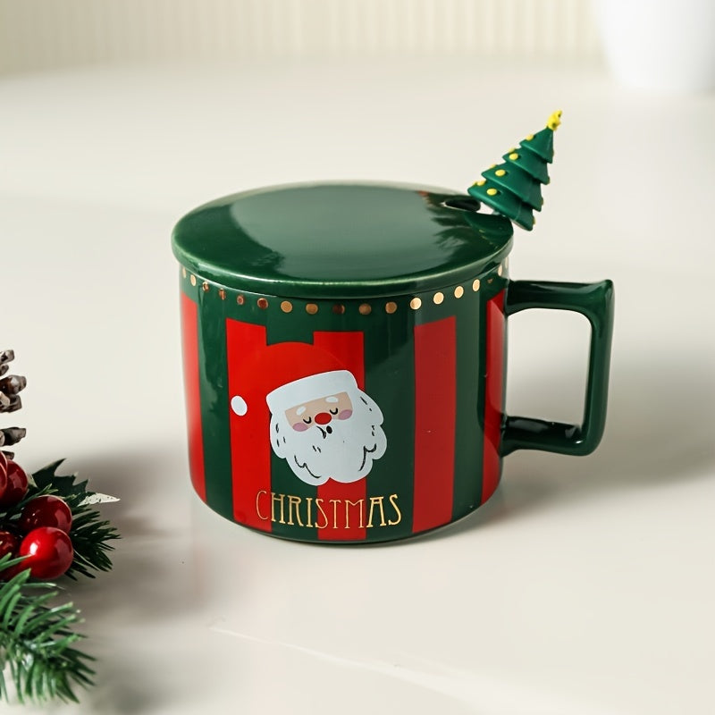 338ml Christmas Ceramic Mug with Lid, Coffee Cup for Camping & Travel