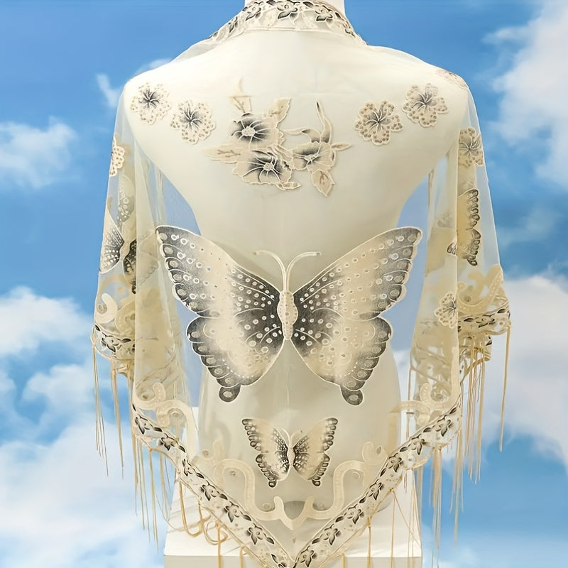 Lace Butterfly Print Shawl Long Fringed Triangle Towel for Women