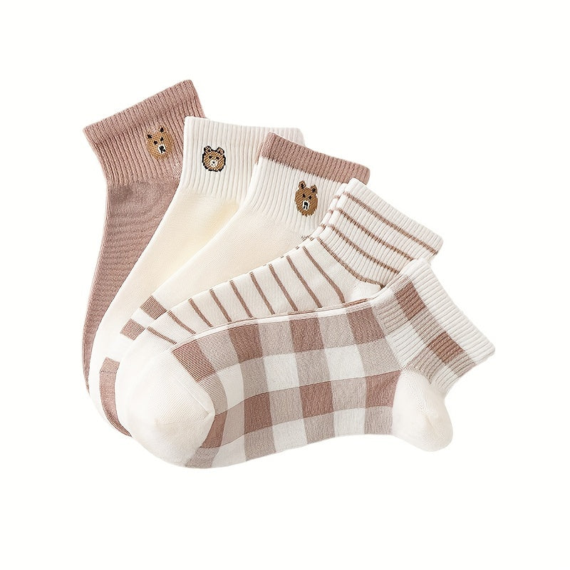 5 Pairs Cartoon Bear Print & Striped Plaid Short Women's Socks