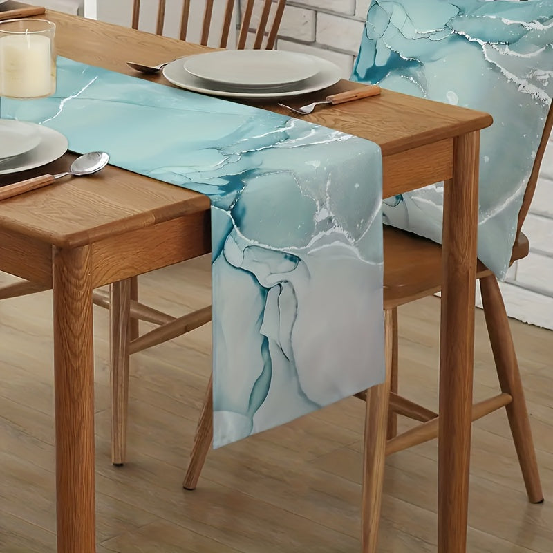 Aqua Marble Texture Linen Table Runner 33x182 cm