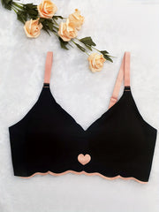 Heart Print Wireless Bra Comfy & Soft Scallop Trim Everyday Bra