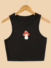 Mushroom & Frog Print Crop Tank Top Sleeveless Casual Top