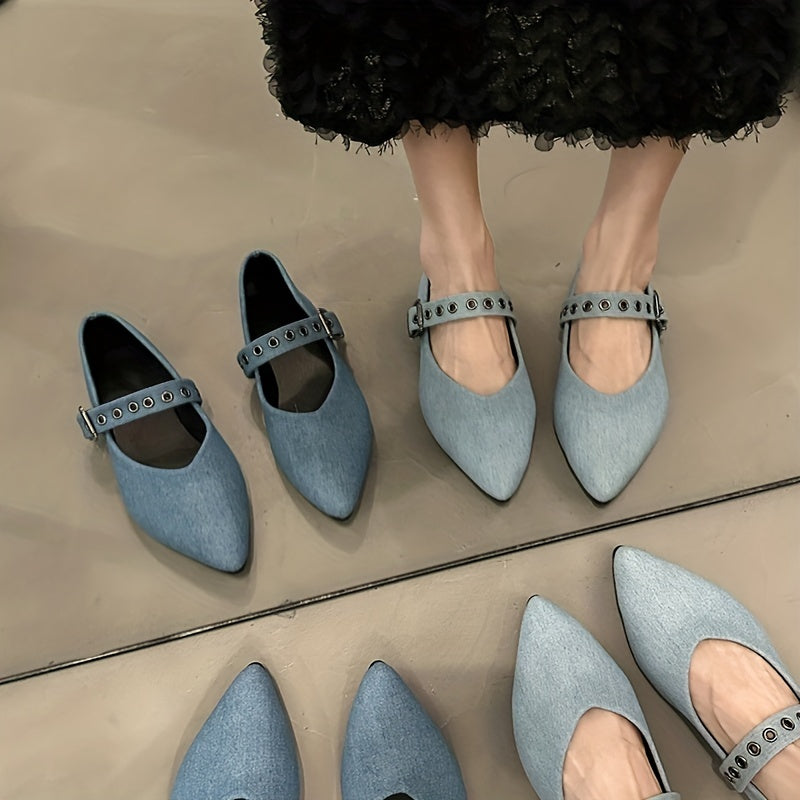 Women's Denim Flat Shoes Casual Point Toe Buckle Strap Barefoot Shoes