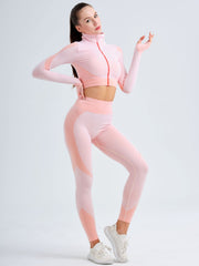 Women Workout Set Seamless Yoga High Neck Jacket & Leggings