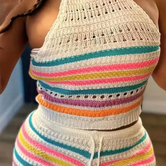 Striped Knitted Two Piece Set Halter Top & Shorts Outfit