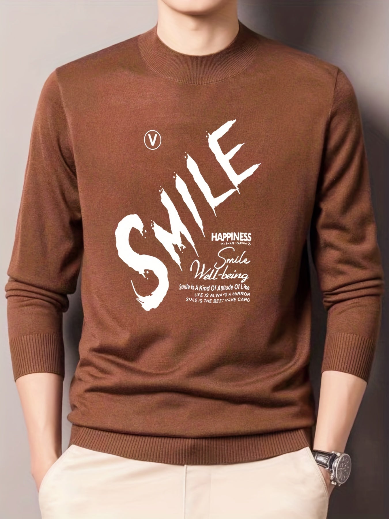 Smile Knitted Sweater Men's Casual Warm Crew Neck Pullover for Fall Winter