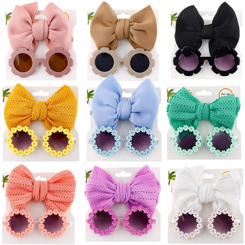 2pcs Bowknot Hair Rope & Flower Round Sunglasses for Sun Protection