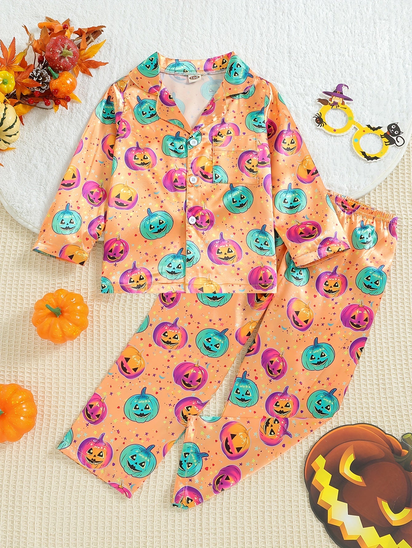 2pcs Boy's Pumpkin Pattern Satin Pajamas Halloween Style PJ Set