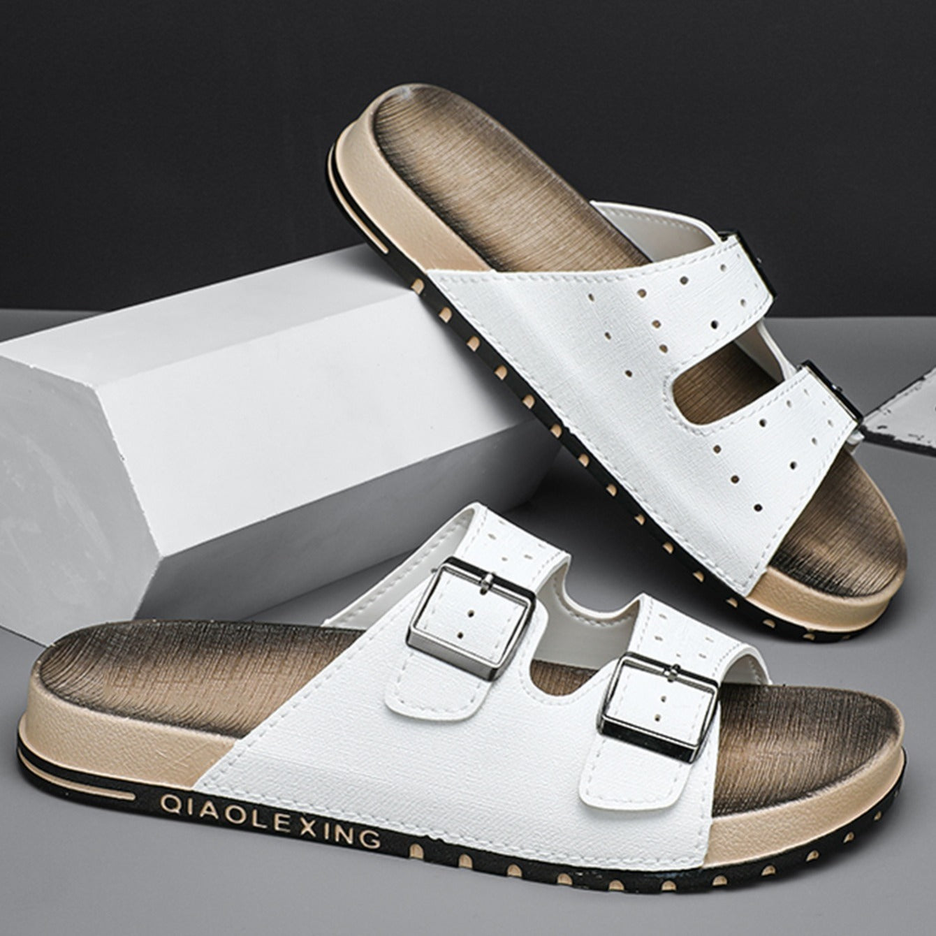Men's Buckle Slides with Decorative Detail