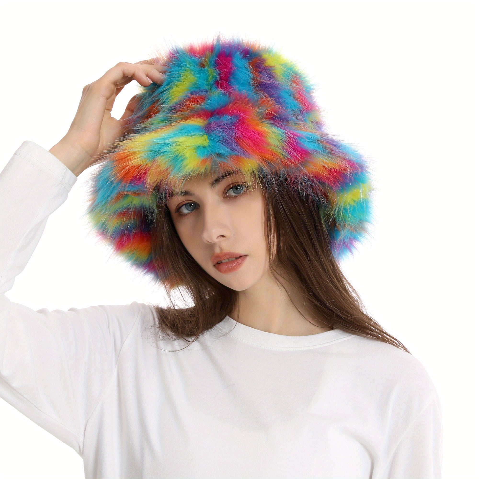 Rainbow Striped Plush Bucket Hat Lightweight Warm Bucket Hat