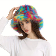Rainbow Striped Plush Bucket Hat Lightweight Warm Bucket Hat