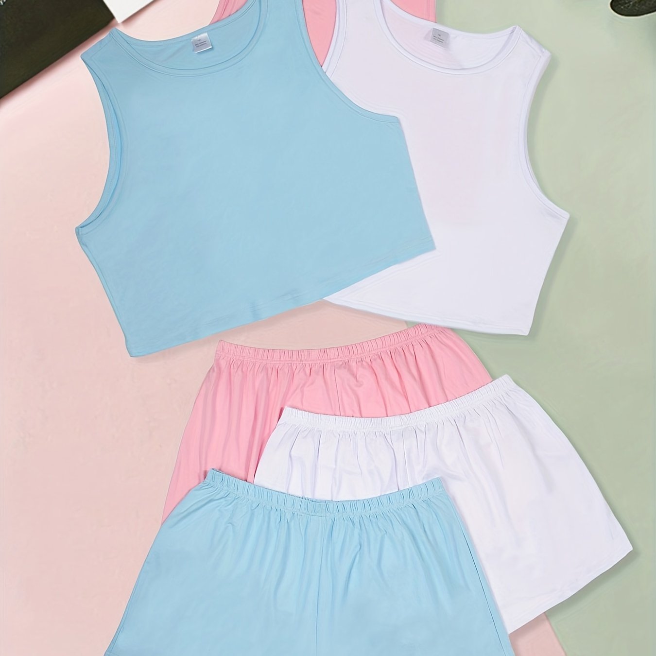 Basic Pajama Set Women's Solid Round Neck Stretch Tank Top & Shorts
