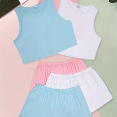 Basic Pajama Set Women's Solid Round Neck Stretch Tank Top & Shorts