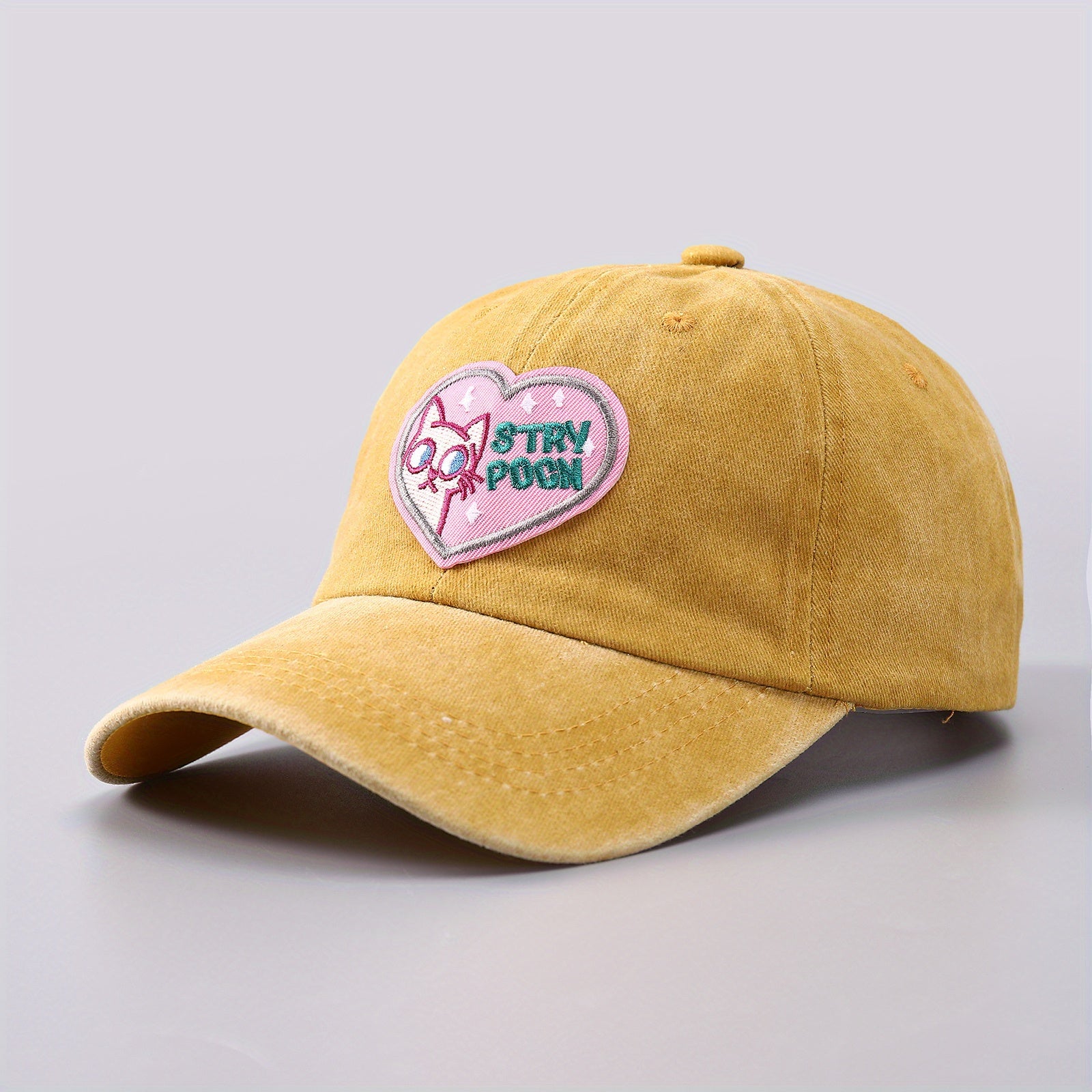 Heart Cat Patch Baseball Cap Embroidery Washed Distressed Cotton Sun Hat