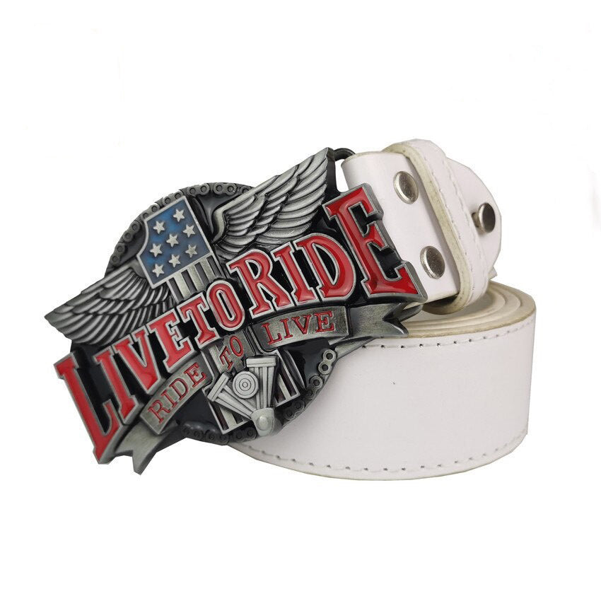 Men's Enamel Live To Ride Belt Buckle with PU Belt, Birthday Gift