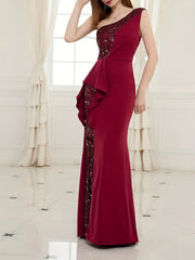Plus Glitter Sequin One Shoulder Ruffle Trim Wedding Party Dress