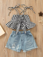 2pcs Baby Girls Plaid Bowknot Camisole Top & Denim Shorts Set
