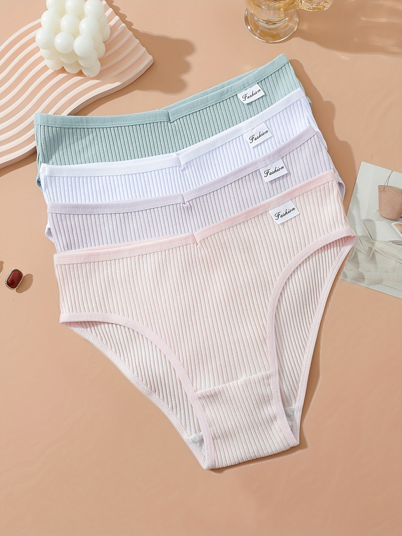 4 Pcs Ribbed Briefs Seamless Mid Rise Panties Women's Lingerie