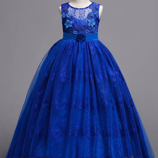 Girls Mesh Flower Embroidery Princess Dress Sleeveless Vintage Tulle Dress