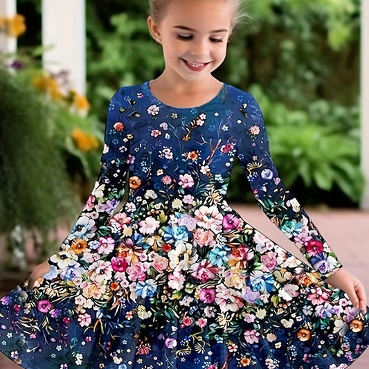 Casual Flower Print Long Sleeve Dress For Spring Fall Party