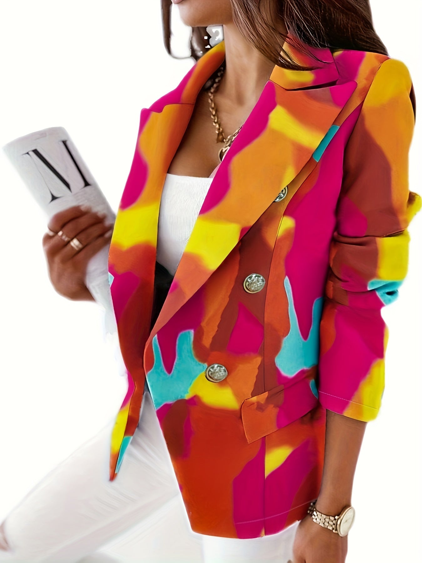 Chain Print Lapel Blazer Casual Long Sleeve Work Office Outerwear