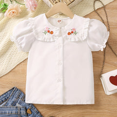 Girls Embroidered Collar Button Down Short Sleeve Shirt