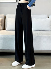Solid Wide Leg Pants Casual High Waist Drawstring Elastic Pants