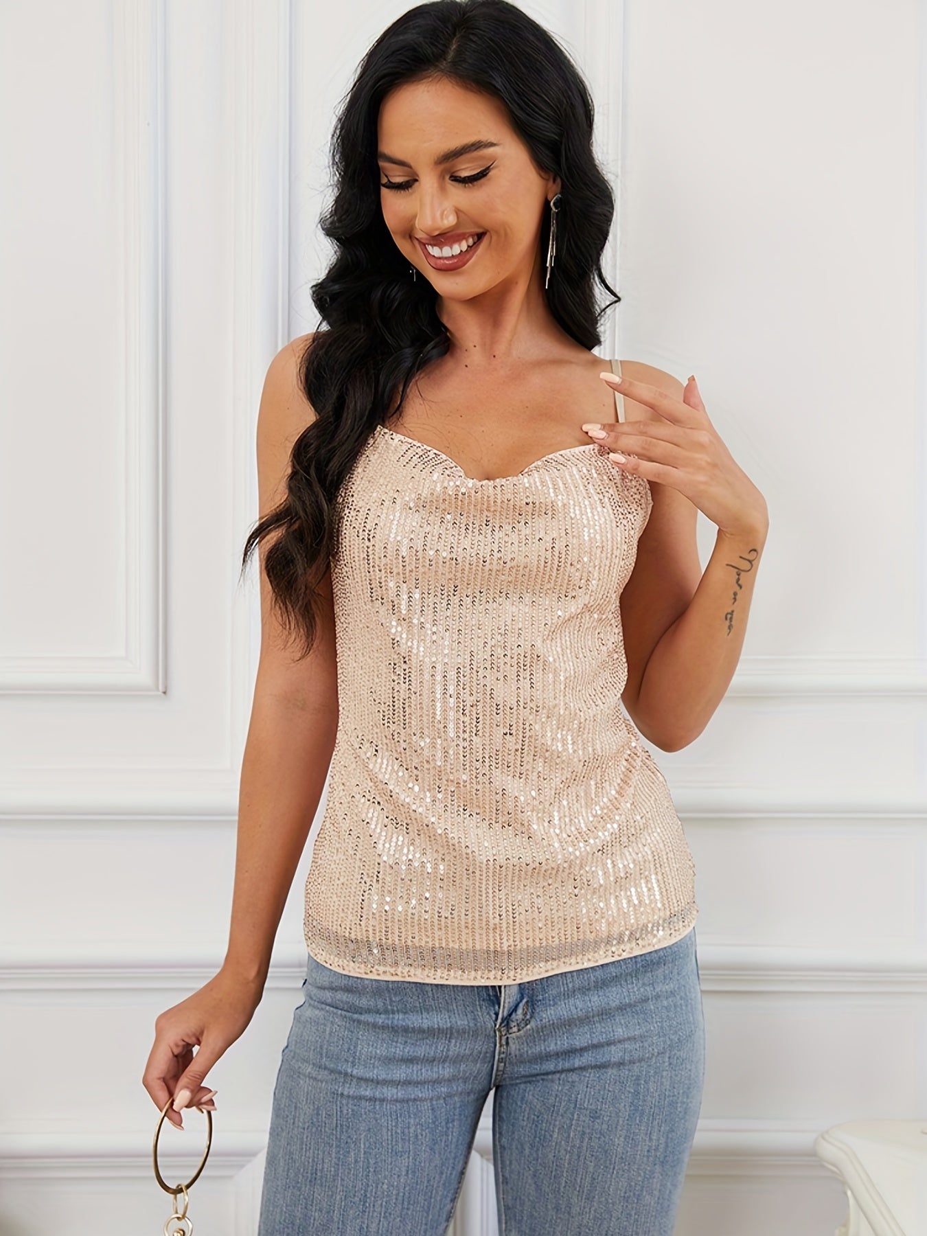 Sequined Cowl Neck Cami Top Backless Spaghetti Strap