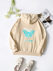 Butterfly & Letter Print Hooded Shirt Casual Sweatshirt