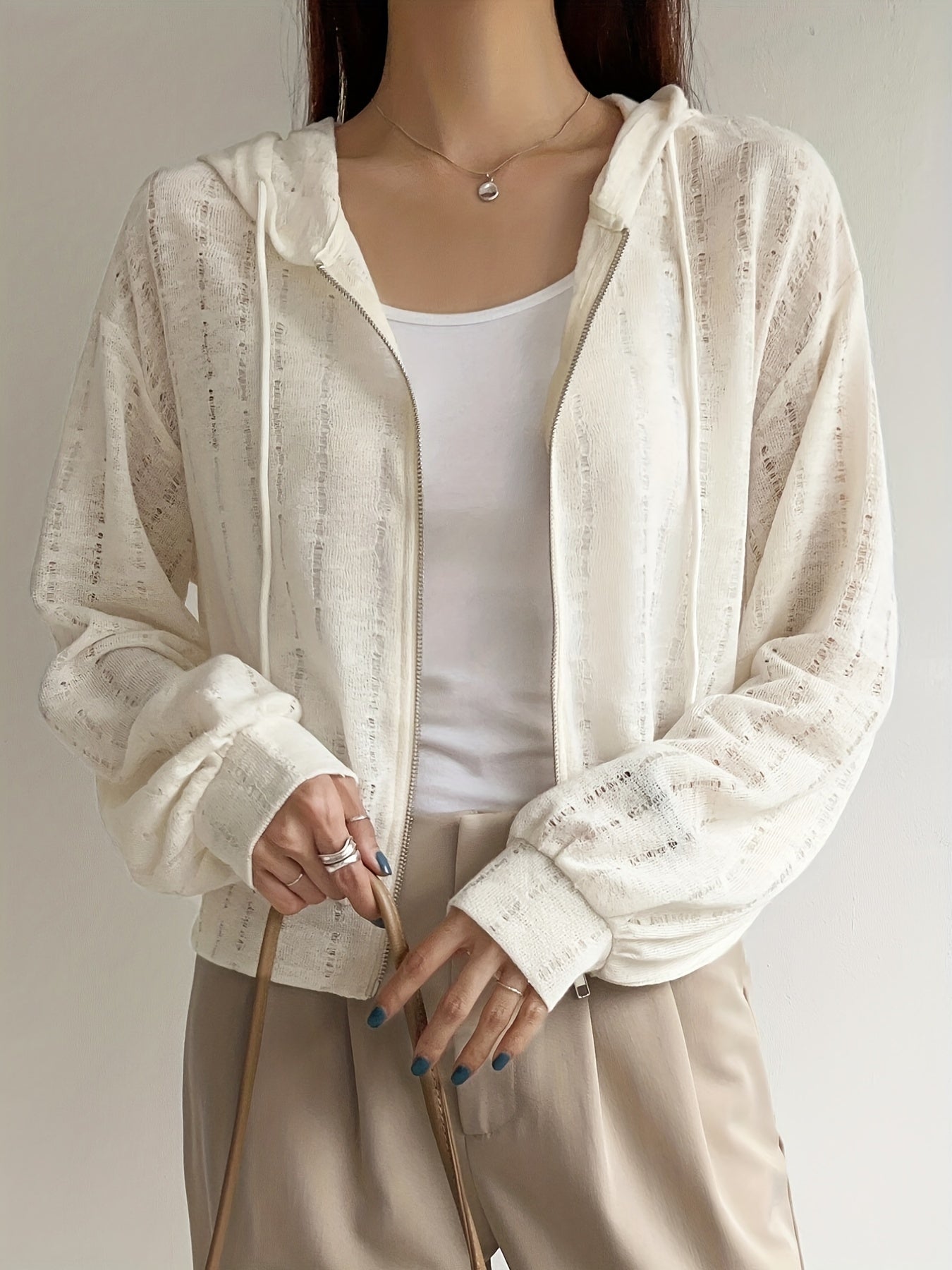 Drawstring Zipper Ripped Hoodie Long Sleeve Outwear